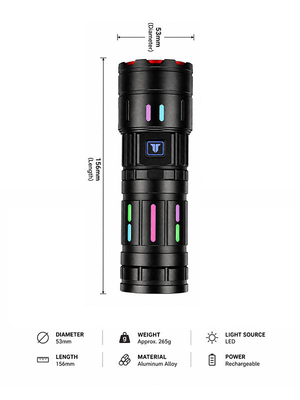 511 rechargeable LED torch specifications 156mm 53mm 265g
